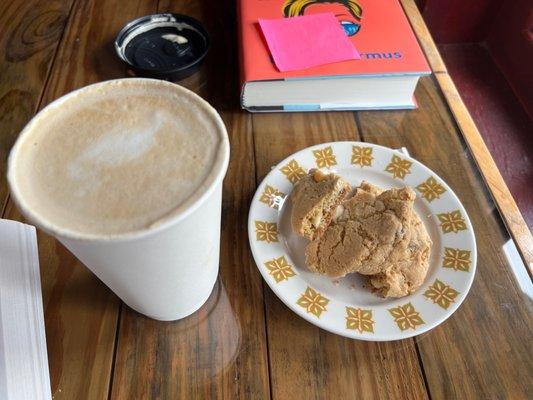 White chocolate lavender latte and tuxedo cookie.