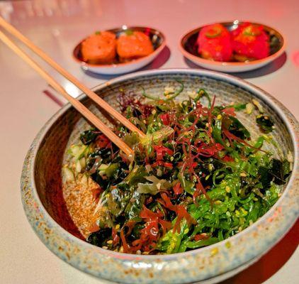 Seaweed salad, left . Everything Smoked Salmon, right. Cherry Bomb