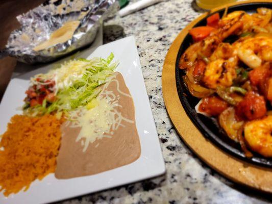 Grilled Shrimp Fajita , Spanish Rice, Refried Beans,