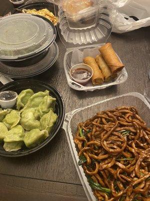 Shrimp and chive dumpling, Shanghai Thick Chow Mein, 4 Vegetarian Spring Rolls