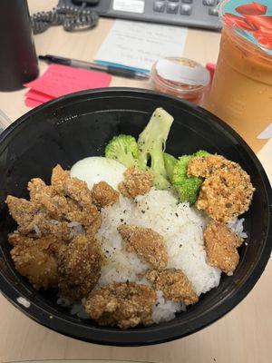 $21 Basil Popcorn Chicken & 2 pieces of Shrimp Rice Bowl w/Thai Milk Tea.