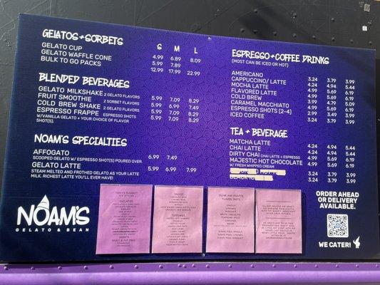 Noam's gelato bean menu