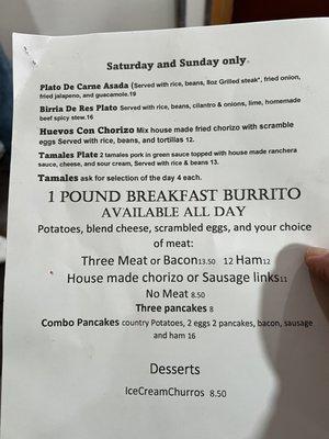 Weekend menu