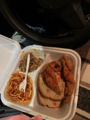 Bland ass spaghetti and mushy, red beans and rice