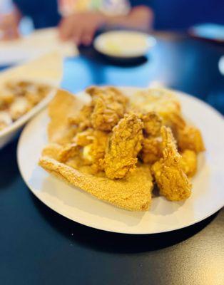 Fried 2 Fish, 6 Oyster Platter with fried shrimp and fried rice