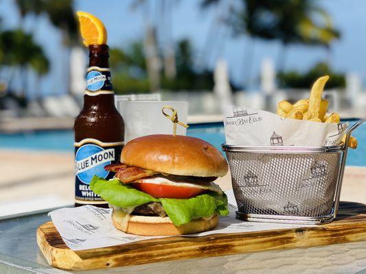 Grand Bay Burger and Blue Moon Beer