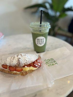 Strawberry custard croissant and strawberry matcha tea.