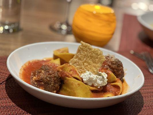 Pappardelle with Veal Meatballs, Ricotta and Marinara Sauce