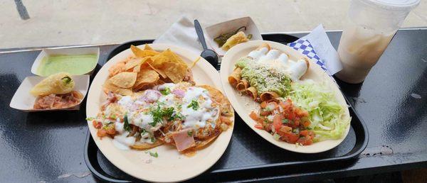 Huevos rancheros and potato flautas.