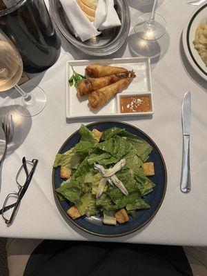 Caesar Salad with anchovies and blue cheese stuffed shrimp