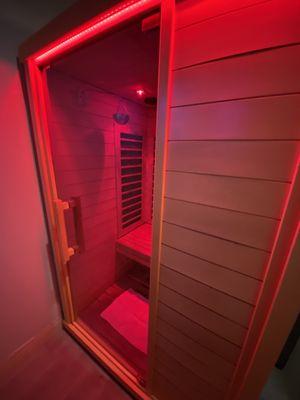 Each sauna or tanning bed is private in an enclosed room