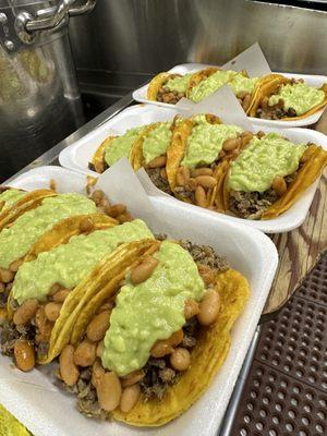 Asada tacos 
(Beans and guacamole  )