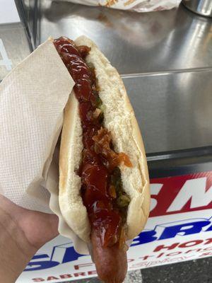 Footlong With Cooked Onions, Sweet Relish, And Ketchup