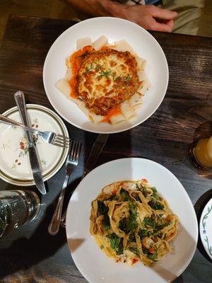 Chicken Parm and lobster fettuccini (with broccolini instead of cherry tomatoes)