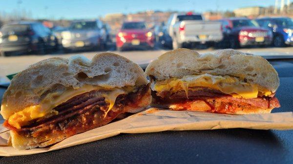 Pork roll, egg, cheese and potatoe sandwich