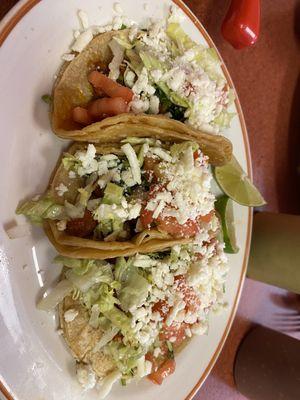 Loaded Tacos -- Al Pastor (pork/pineapple) & shredded beef