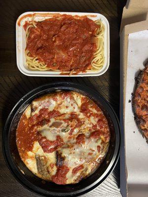 Takeout Eggplant Rollatini Dinner with pasta side, next to pizza box for scale.