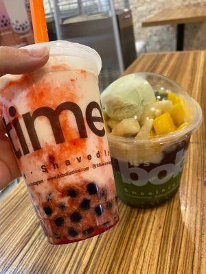 Strawberry Coconut Boba and Green Tea Bowl Shaved Ice