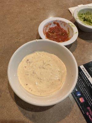 White salsa, salsa, and small guacamole