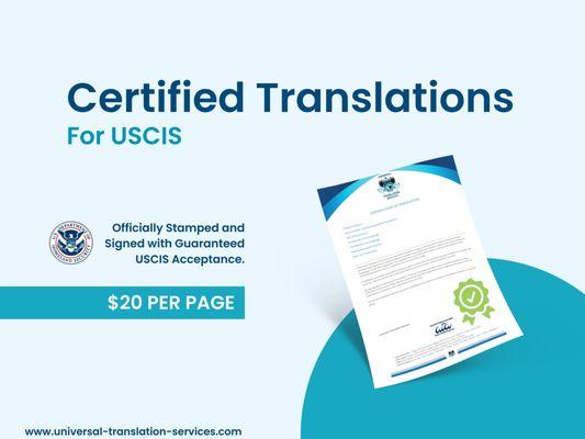 $20 Certified Translations for USCIS. Officially stamped and signed with guaranteed USCIS acceptance.