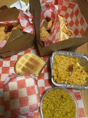 Fried Catfish Strips (8 - 11 pieces) Fried Flounder Mac and Cheese Seasoned Rice