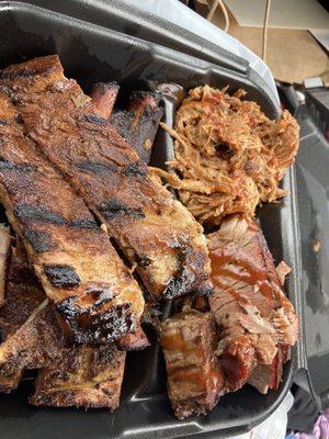 Ribs, brisket, pulled pork