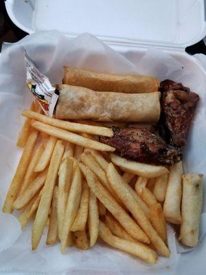 Small sampler includes smoked wings, spring rolls, crab Rangoon, and fries.