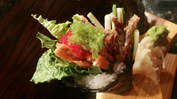 We told Tony that we like Salmon Skin hand rolls (Temaki), so he made some for us.  He even added all that beautiful roe for us.