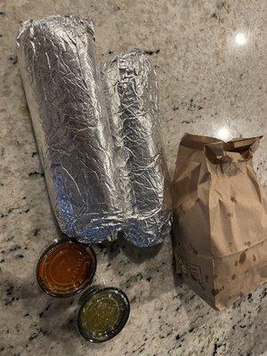 Burritos, chips, salsa