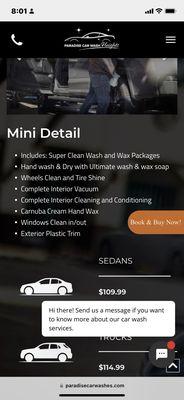 Mini detail service list and price