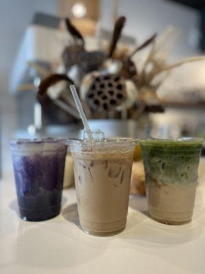 Ube latte, banana q latte, banana q matcha