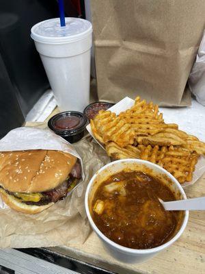 Double bacon cheeseburger  Waffle fries Chili