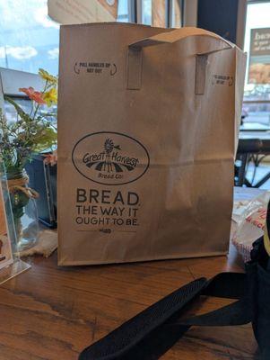 Sister's bag of snacks and sourdough.