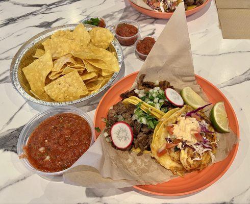 Asado, Al Patstor and Blackened Shrimp tacos.  Chips & Salsa.