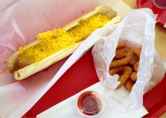 Foot long coney and onion rings