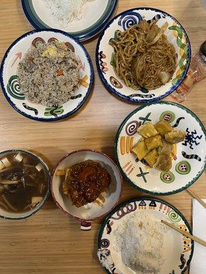 Veggie lo mien, pork wontons, sweet and sour chicken, hot and sour soup, duck fried rice