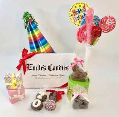 Celebrate with Emile's chocolate covered Oreos, lollipops, specialty animal shapes any of our treats!