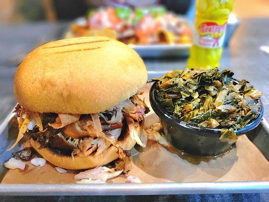 Ribhouse sandwich has pulled pork, chopped brisket, coleslaw, and fried parsnips. Comes with a side.