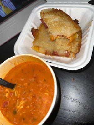 Grilled cheese and tomato soup, add bacon + tomato