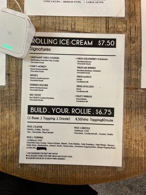 Rolls ice cream menu