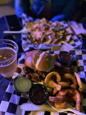 Dynamite burger and carne asada nachos