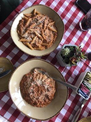 Penne and capelli bolognese