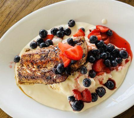 Blackened Wahoo with Jasmine Rice with coconut cream and berry compote