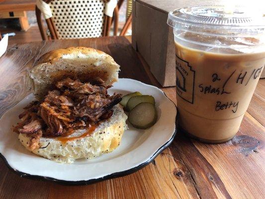 Pulled pork sandwich and cold brew