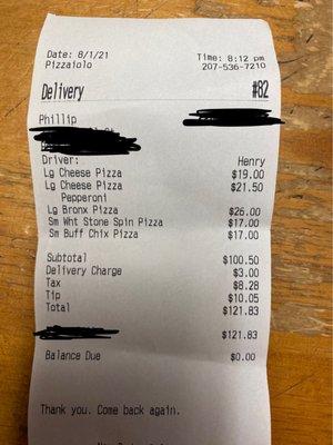 Receipt for 5 pizzas