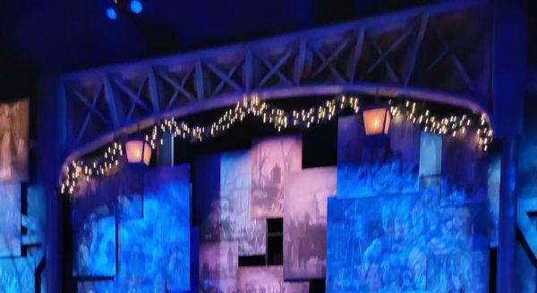 Stage and backdrops for Christmas Carol play.