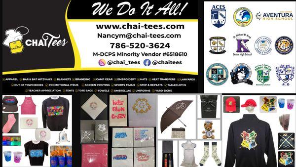 At Chai Tees, we specialize in custom screen printing, embroidery, and promotional products.  We Do It All and hope to help you.