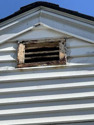 Rusted out vent that allowed birds to fly in to attic.