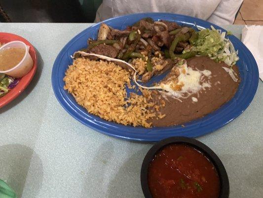 Rice beans and steak fajitas.