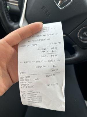 The receipt for the charge